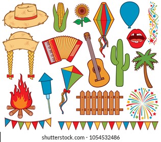 Festa Junina Festival icons set (balloon, straw hat, guitar, cactus, sunflower, corn, fence, kite, campfire, firework rockets, palm, party flags, lantern)