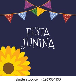 Festa junina festival illustration background with party flags and sunflower.Festa junina festival banner.