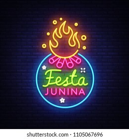 Festa Junina Festive Vector Illustration. Design template is neon style, modern trend design. Latin American holiday, Brazilian June party, inscription on Portuguese Festa Junina. Vector