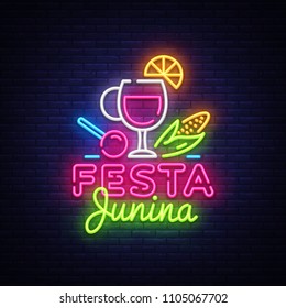 Festa Junina Festive Vector Illustration. Design template is neon style, modern trend design. Latin American holiday, Brazilian June party, inscription on Portuguese Festa Junina. Vector