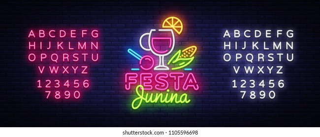 Festa Junina Festive Vector Illustration. Design template is neon style, modern trend design. Latin American holiday, Brazilian party, inscription on Portuguese Festa Junina. Editing text neon sign