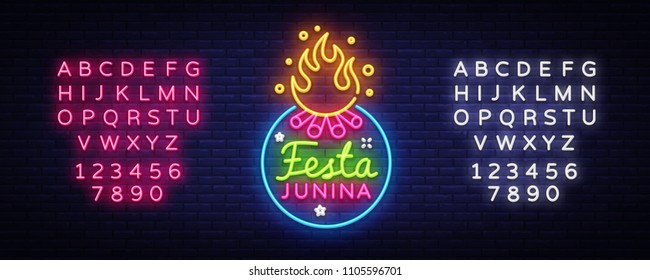 Festa Junina Festive Vector Illustration. Design template is neon style, modern trend design. Latin American holiday, Brazilian party, inscription on Portuguese Festa Junina. Editing text neon sign