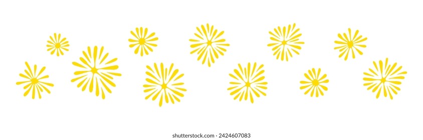 Festa Junina fireworks hand drawn cartoon illustration, border. Vector, isolated on white. Brazilian holiday, Saint John festival, party, carnival design element. New Year, birthday, anniversary