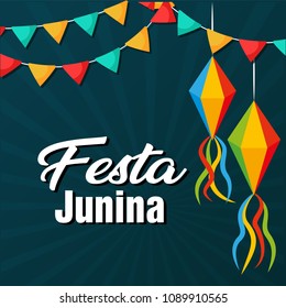 Festa Junina Flags Lantern Black Background Vector Image

