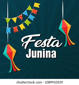 Festa Junina Flags Lantern Dark Blue Background Vector Image
