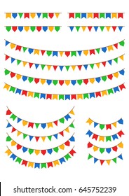 Festa Junina flags vector illustration. Several different types of geometric flags attached to strings with different lengths used during traditional yearly Brazilian festival "Festa Junina"