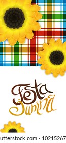 Festa junina flyer with lettering and sunflowers