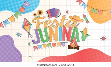 Festa Junina balão fogueira milho chapéu sanfona bandeirinhas banner template