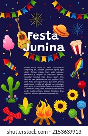 Festa Junina! Folklore Holiday. Brazilian Latin American festival. Template for banner, card, poster. Vector Illustration.