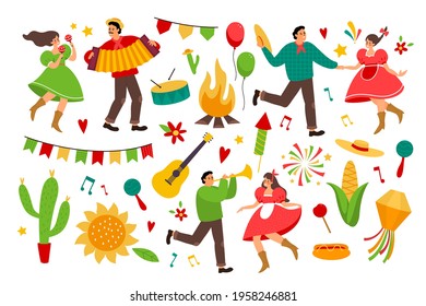 Festa junina. Colección festiva de américa latina, objetos coloridos y vivos festivos, decoración de fiesta de los agricultores, música y bailarinas de hombres y mujeres con un juego de dibujos animados vectoriales tradicionales