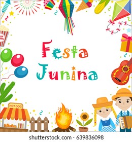 Festa Junina frame with space for text. Brazilian Latin American festival blank template for your design with traditional symbols. Vector illustration