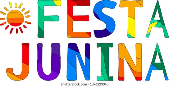 Festa junina - funny cartoon multicolored inscription and sun. Summer mood. Vector illustration.