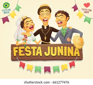 Festa Junina - Funny hick couple with catholic priest brazilian June Party sign logoheader - Creative high quality vector cartoon for june party themes. Made in Brazil, Made with love