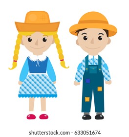 Festa Junina girl and boy in traditional festive costume icon flat, cartoon style. Isolated on white background. Vector illustration, clip-art