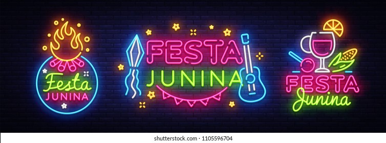 Festa Junina greeting card collection design template neon vector. Modern trend design, neon sign, light banner. Vector Brazilian June Festival for greeting card, invitation or festive poster. Vector