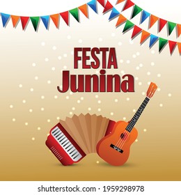 Festa junina greeting card with creative colorful party flag and guitar