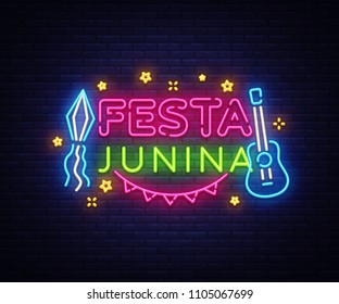 Festa Junina greeting card design template neon vector. Modern trend design, neon sign, light banner. Vector Brazilian June Festival for greeting card, invitation or festive poster. Vector