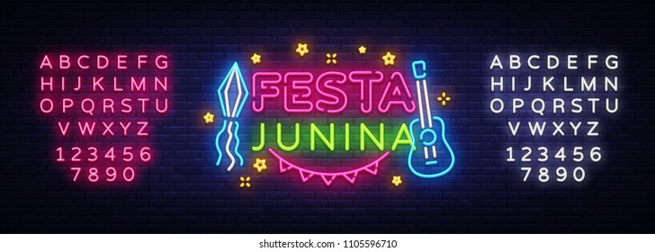 Festa Junina greeting card design template neon vector. Modern trend design, neon sign, light banner. Vector Brazilian Festival for greeting card, invitation or festive poster. Editing text neon sign