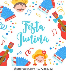 Festa Junina greeting card with guitar, accordion, notes, confetti, couple on white background. Festive frame. Perfect for holiday invitation