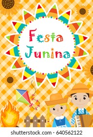 Festa Junina greeting card, invitation, poster. Brazilian Latin American festival template for your design.Vector illustration