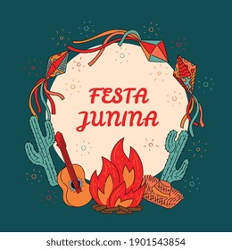 Festa Junina greeting card - June Festival holiday party symbols from Brazil culture. Cartoon celebration elements - bonfire, guitar, kite vector illustration.