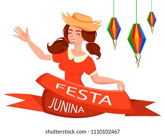 Festa Junina greeting card, poster, banner or invitation. Brazil June festival, cheerful lady waving hand. Vector illustration