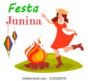 Festa Junina greeting card, poster, banner or invitation. Brazil June festival, dancing woman near bonfire. Vector illustration