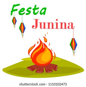 Festa Junina greeting card, poster, banner or invitation with bonfire. Brazil June festival. Vector illustration