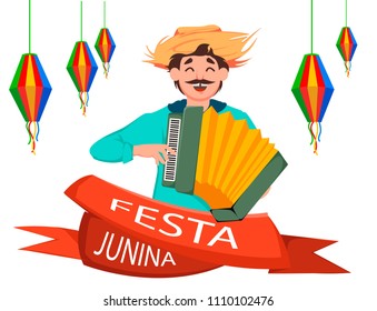 Festa Junina greeting card, poster, banner or invitation. Brazil June festival, cheerful man playing on accordion. Vector illustration