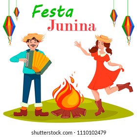 Festa Junina greeting card, poster, banner or invitation. Brazil June festival, dancing woman and man paying on accordion near bonfire. Vector illustration