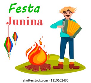 Festa Junina greeting card, poster, banner or invitation. Brazil June festival, man paying on accordion near bonfire. Vector illustration