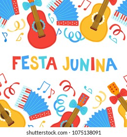 Festa Junina greeting card with seamless border - guitar, accordion, ribbon, notes, music. Perfect for holiday invitation