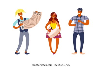 Festa Junina group of traditional forro musicians character illustration. Hand drawn cartoon vector, isolated on white. Brazilian holiday, Saint John festival, party, carnival design element