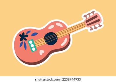 Festa Junina guitar icon. Sticker for social networks and messengers. Musical instrument, creativity and art, songs and composing. Traditional brazilian holiday. Cartoon flat vector illustration