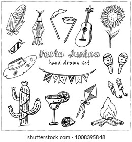 Festa Junina Hand drawn doodle set. Vector illustration. Isolated elements on white background. Symbol collection.