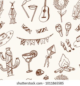 Festa Junina Hand drawn doodle seamless pattern Vector illustration. Symbol collection.