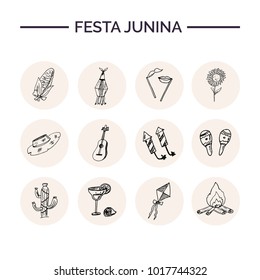 Festa Junina Hand drawn doodle set. Vector illustration. Isolated elements on white background. Symbol collection.