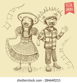 Festa Junina - Hand drawn Young Couple - June Party - St. John's - EPS 8