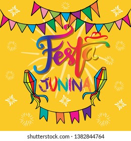 Festa Junina hand lettering  with Party Flags and Paper Lantern