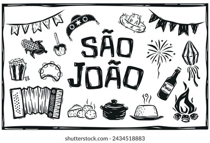 Festa Junina hand-drawn isolated elements. Typical Brazilian party. Woodcut style and cordel literature