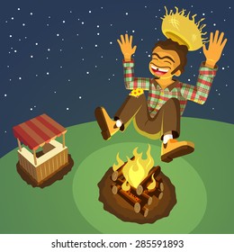 Festa Junina - Happy hillbilly jumping high over a bonfire - Junina Party Game - EPS 10