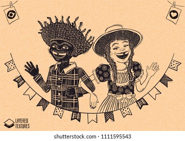 Festa Junina - Happy multiracial hick couple waving over flags - Brazilian June Party with diversity. Detailed vector for june party themes. Removable wood texture. Made in Brazil with love.