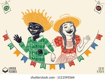 Festa Junina - Happy multiracial hick couple waving over flags - Brazilian June Party with diversity. Detailed vector for june party themes. Removable wood texture. Made in Brazil with love.