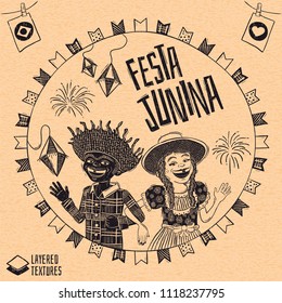 Festa Junina - Happy multiracial hick couple waving - Brazilian June Party with diversity - Detailed vector for june party themes. Removable wood texture. Made in Brazil with love.