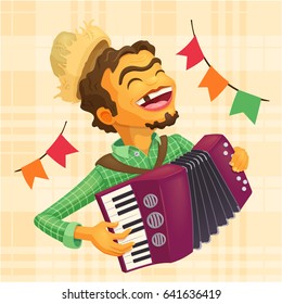 Festa Junina - Happy peasant playing the accordion - Detailed vector illustration for brazilian june party themes