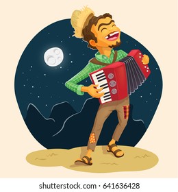 Festa Junina - Happy peasant playing the accordion - Detailed vector illustration for brazilian june party themes