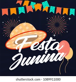 Festa Junina Hat Flag Balloon Fireworks Black Background Vector Image
