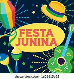 festa junina with hat guitar maracas and fireworks cartoons. vector illustration