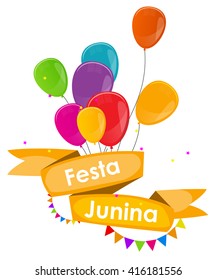 Festa Junina Holiday Background. Traditional Brazil June Festival Party. Midsummer Holiday. Vector illustration with Ribbon, Balloons and Flags. EPS10