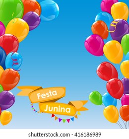 Festa Junina Holiday Background. Traditional Brazil June Festival Party. Midsummer Holiday. Vector illustration with Ribbon and Flags. EPS10
